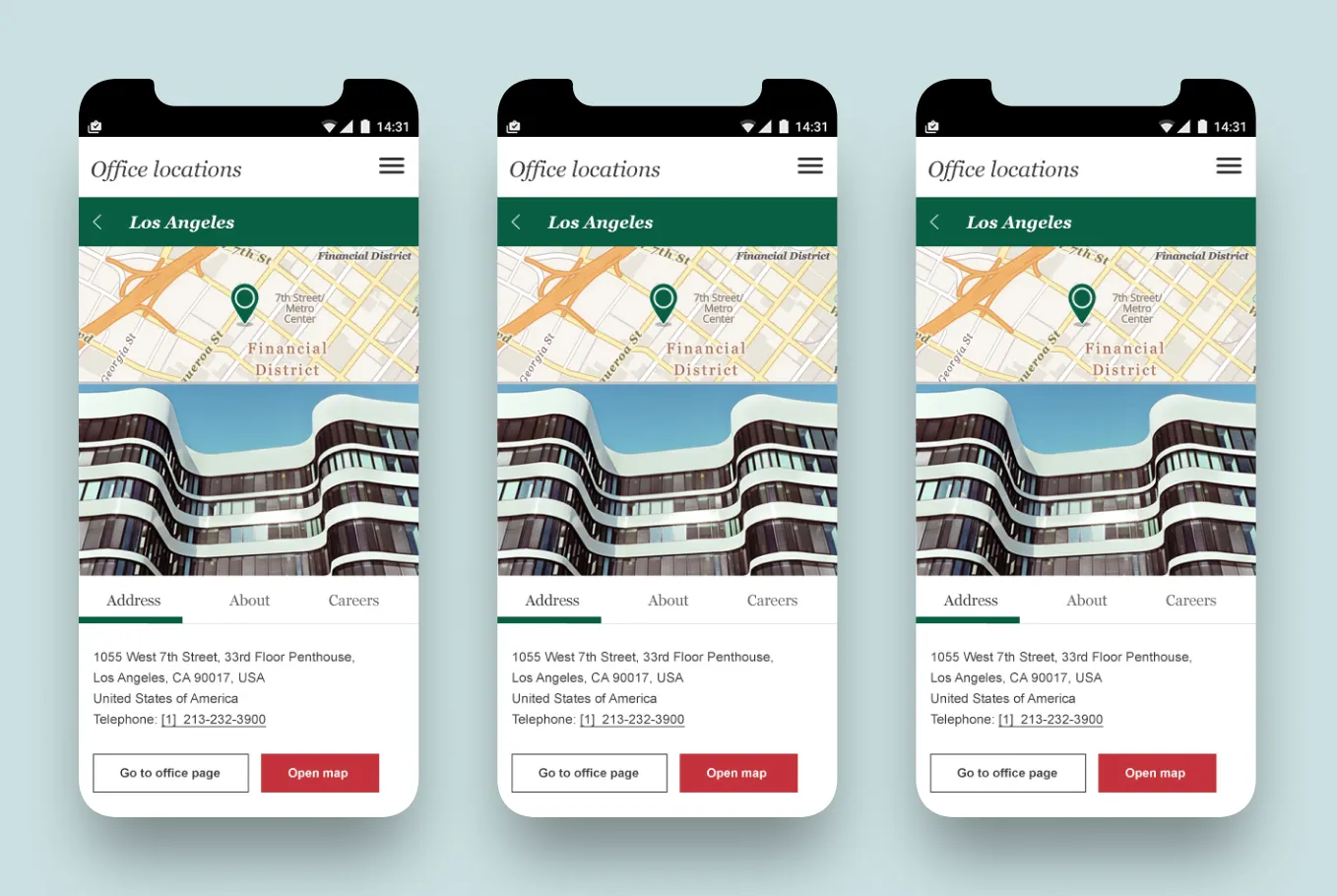 Screenshots of Office Locator map component on desktop and mobile